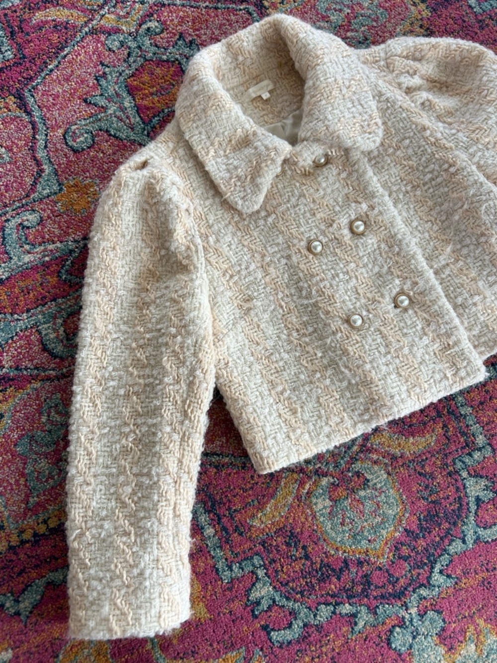LoveShackFancy | Women’s ‘Harvest White’ Tweed Pearl-Button Cropped Jacket Sz 12 - Picture 7 of 16